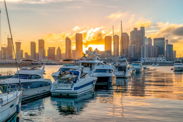 Qingdao Bay yacht wharf and urban architectural landscape