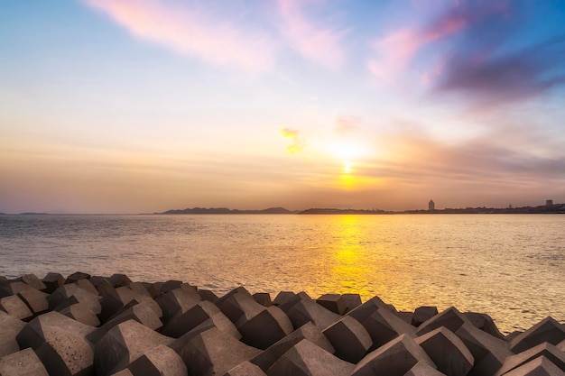 Qingdao city coastline buildings landscape and sky clouds