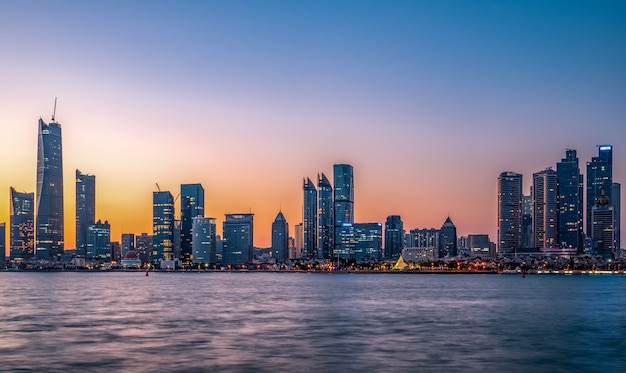 Qingdao coastline and urban architectural landscape skyline