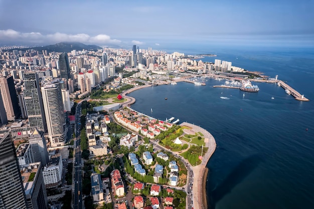 Qingdao fushan bay financial center building landscape skyline aerial photography