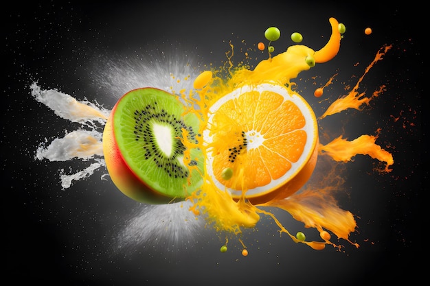 Qiwi en oranje explosie splash moment op zwarte achtergrond Neuraal netwerk gegenereerde kunst