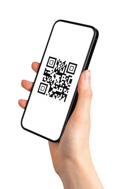 Foto qr code sull'applicazione del telefono cellulare qrcode scanner app in mano isolato