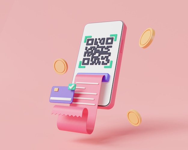 Qr code scanning for online payment in smartphone with bill and\
credit card scanning payment verification payment transaction scan\
qr code online shopping money transfer 3d render illustration