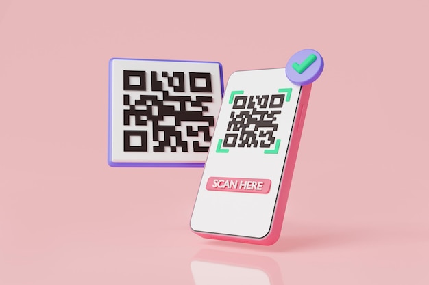 QR 코드 스캔 결제 및 모바일 확인결제 거래 스캔 QR 코드 E 지갑 온라인 쇼핑 송금 온라인 결제무현금 기술 개념3d 렌더링 그림