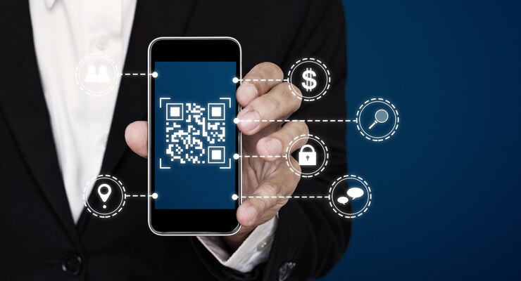 Photo qr code technology scanning payment and id verification by qr code on mobile smart phone