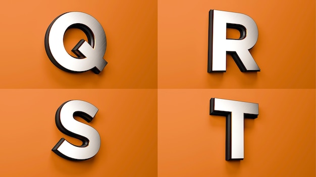 QRST Zilver Goud en Zwart Lettertype Oranje achtergrond Alfabet Letters Symbolen 3d illustratie