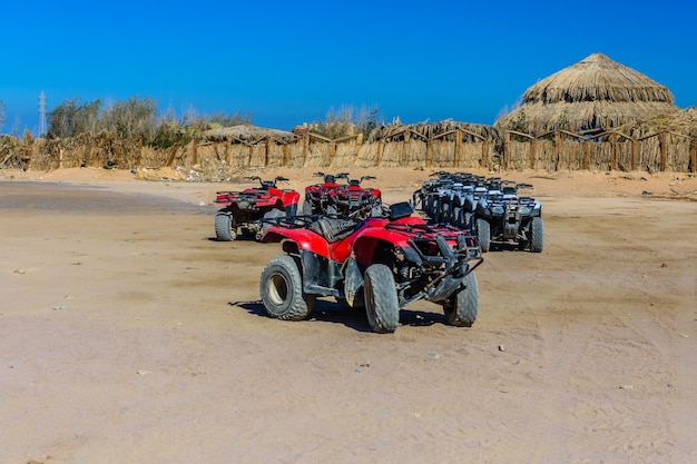 Quad bikes in Arabian desert not far from the Hurghada city Egypt