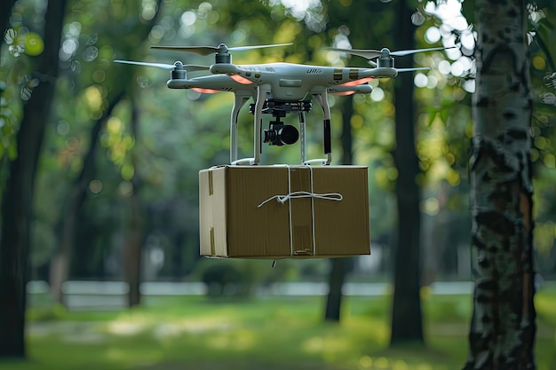 The quadcopter delivers the parcel through the city park