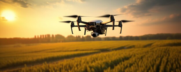 Quadcopter drone flying over field in nature panorama Generative Ai