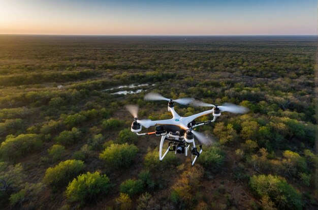 Foto quadcopter-drone in vlucht over het bos