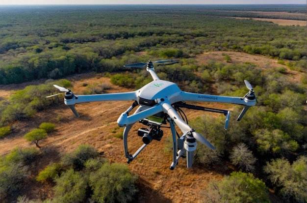 Quadcopter-drone in vlucht over het bos