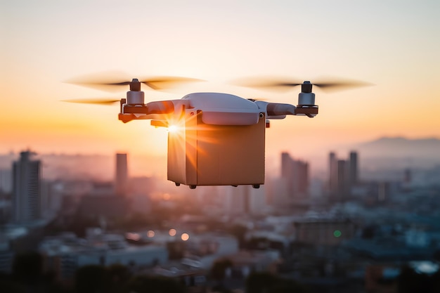 Quadcopter drone with cardboard box flying over city at sunset