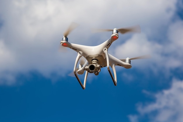 Quadcopter in flight against a blue sky