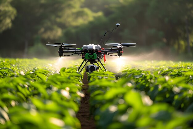 Quadcopter vliegt boven het groene veld