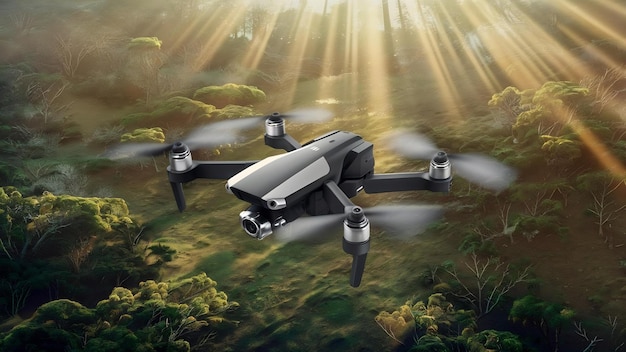 Quadcopter vliegt in de natuur