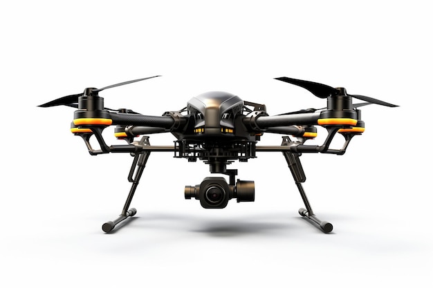 Photo quadcopter with digital camera soaring high isolated on a transparent background