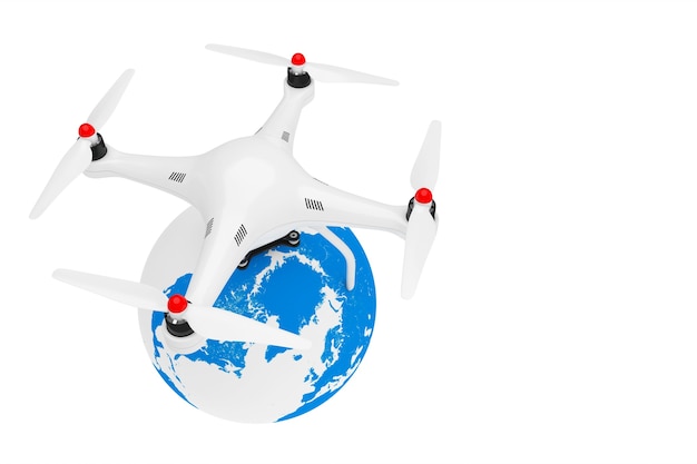 Quadrocopter Drone with Earth Globe on a white background. 3d Rendering