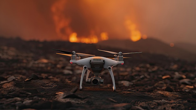 quadrocopter removes and corrects the fire against the backdrop of flames and fire CCTV