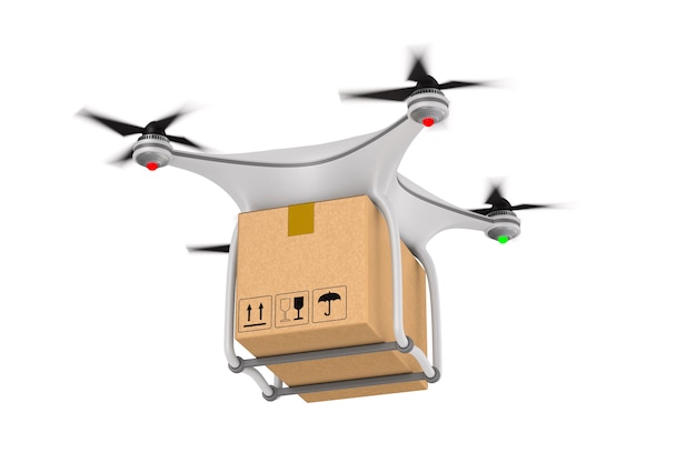 Quadrocopter with cargo box on white. Isolated 3d illustration