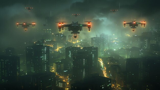 Квадрокоптеры патрулируют город ночью.