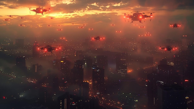 Quadrocopters patrouilleren's nachts over de stad.