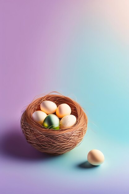 Quail eggs in bird nest on pastel background happy easter rustic style copy space