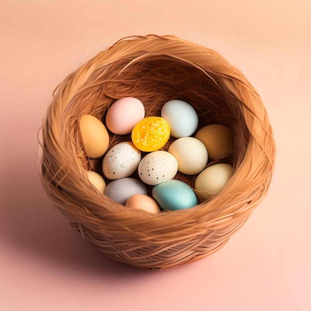 Quail eggs in bird nest on pastel background happy easter rustic style