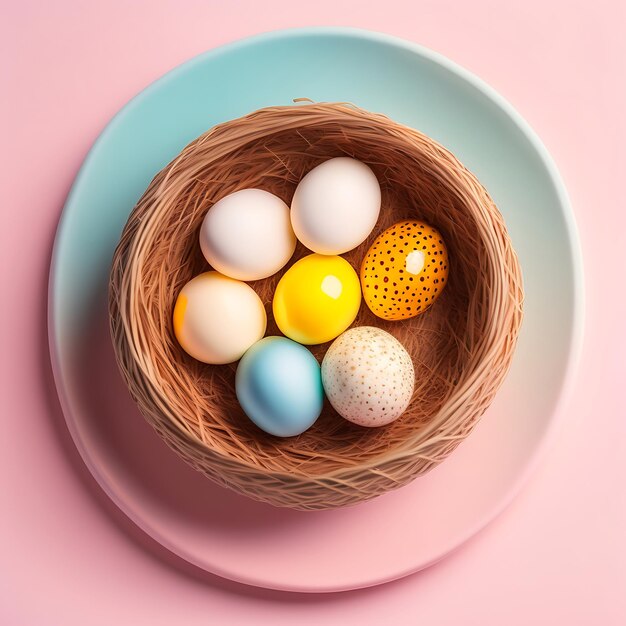 Quail eggs in bird nest on pastel background happy easter rustic style