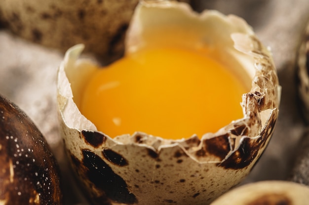 Quail eggs in cardboard box.