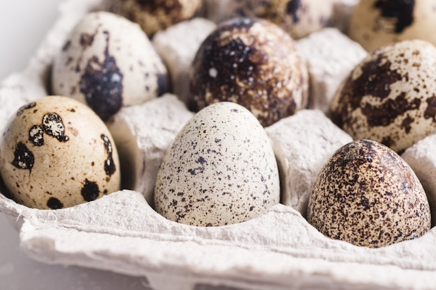 Quail eggs in cardboard packaging.