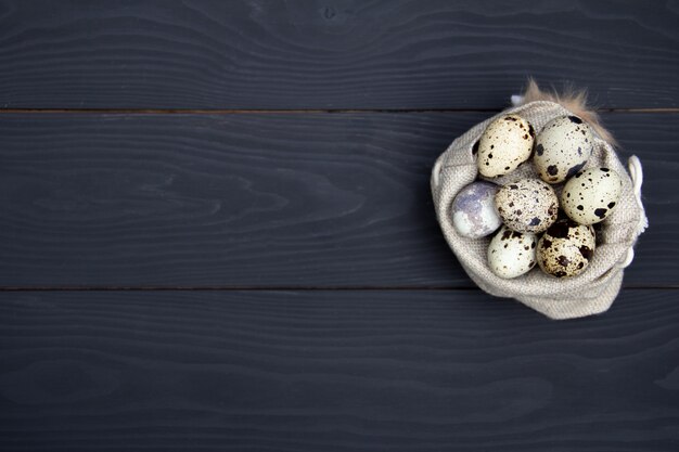 Quail eggs in fabric bag on black wooden background. Easter background. Free copy space.