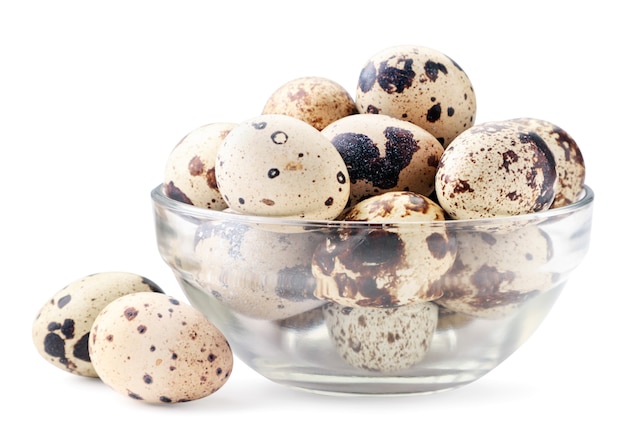 Quail eggs in a glass plate on a white. Isolated