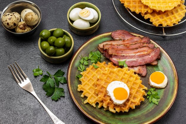 Quail eggs and green olives in bowls Fried bacon waffles and eggs in a frying pan