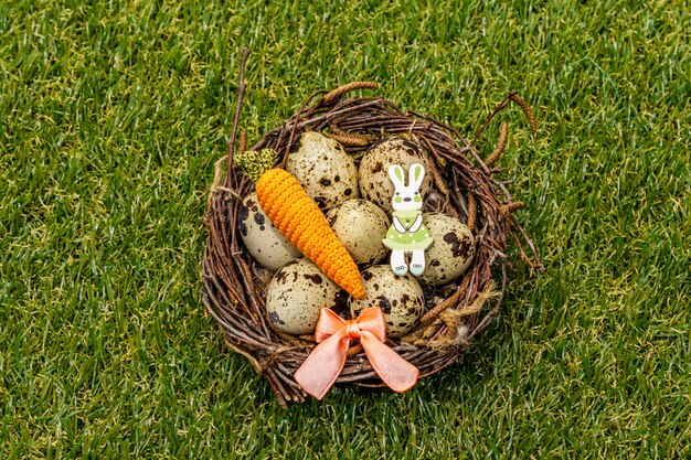 Фото Перепелиные яйца в птичьем гнезде на свежей солнечно-зеленой траве