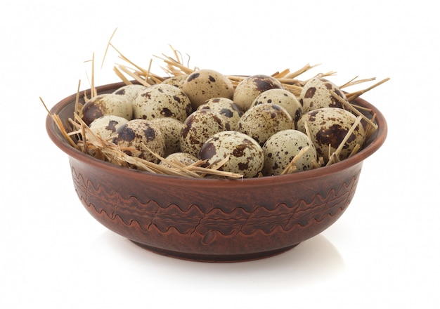 Quail eggs in a nest on white background