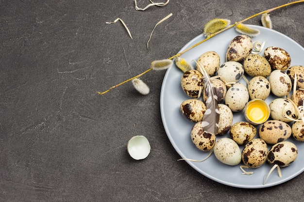 Quail eggs on a plate on dark concrete background top view