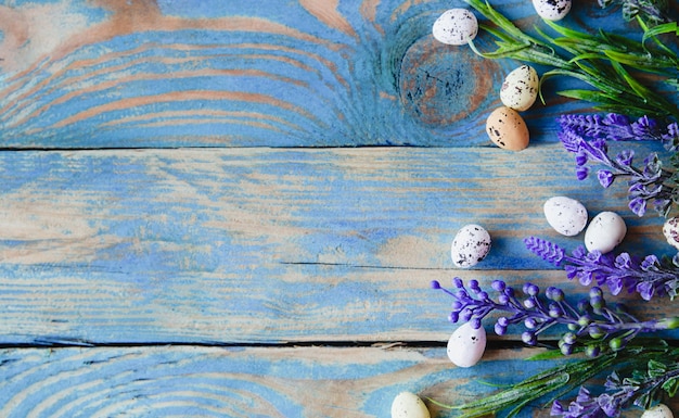 Uova di quaglia e fiori di salvia su un tavolo di legno blu consumato.