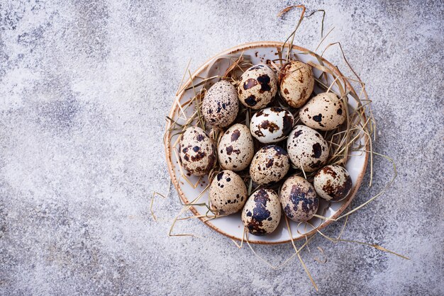 Quail eggs and straw on light background