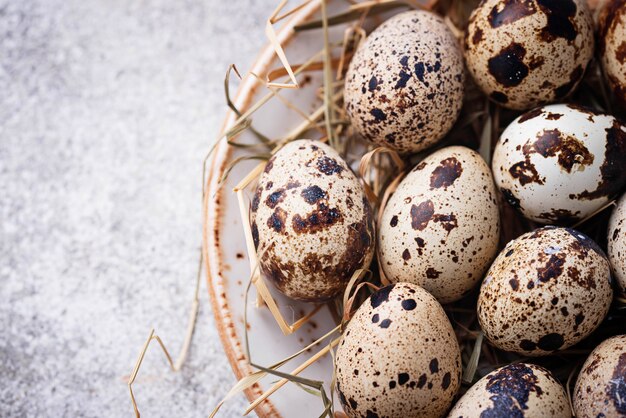 Quail eggs and straw on light background