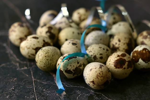 Quail eggs top view Easter theme