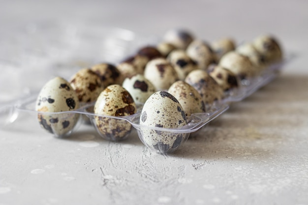 Quail eggs in a transparent plastic container on light grey concrete