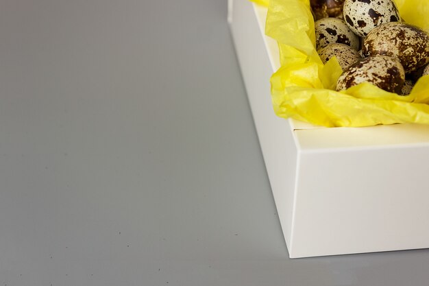 Перепелиные яйца в белой коробке на желтой бумаге, минимализм. элегантный пасхальный фон, место для текста, копирование пространства, выборочный фокус.