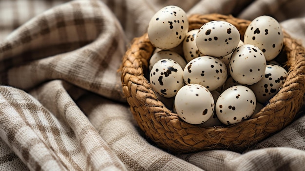 Quail eggs on a wicker plate on a beige background