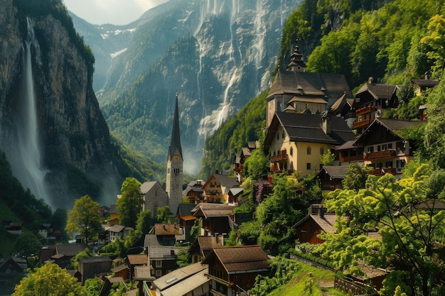 Quaint Austrian village with a striking waterfall backdrop