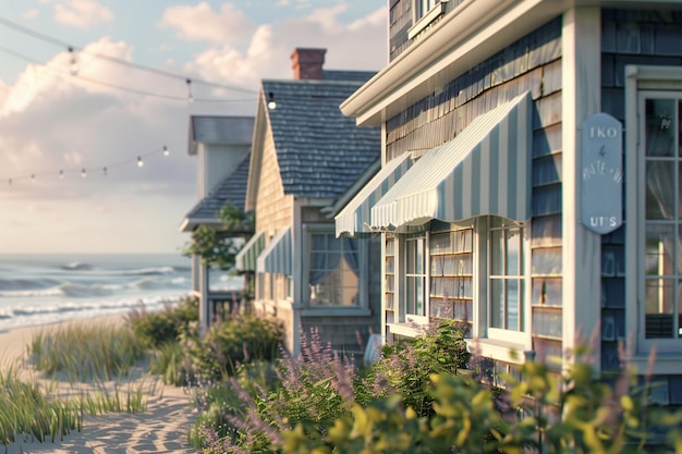 Quaint coastal cottages with striped awnings