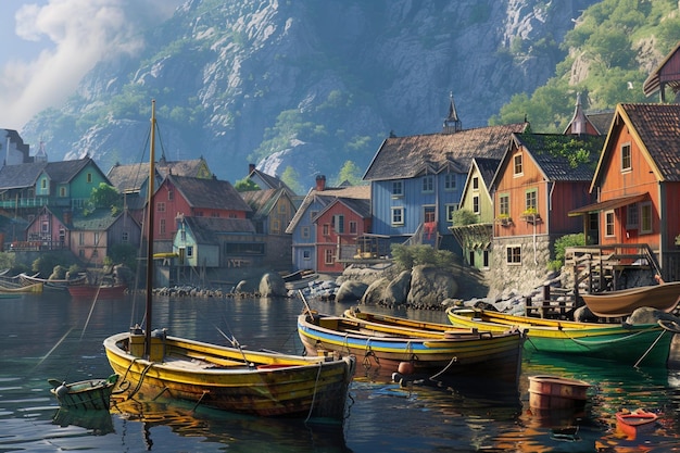 a quaint coastal village with colorful fishing boa