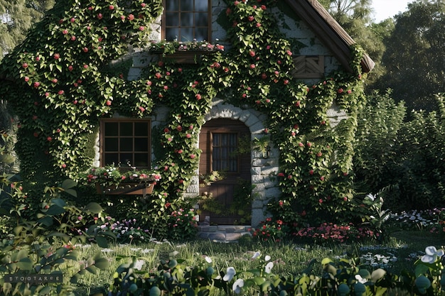 A quaint cottage covered in ivy and flowers