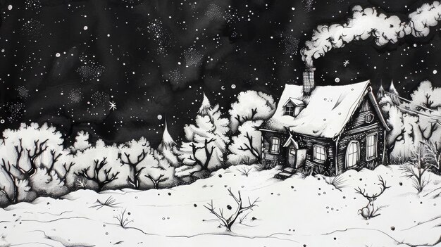 Фото quaint cottage detailed in ink in snow with lightfilled windows smoke rising to a starry sky and a hidden deer private retreats