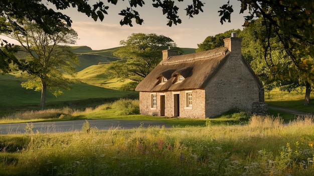 Photo a quaint cottage nestled in the countryside surrounded by rolling hills and lush greenery