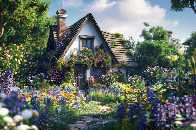 A quaint cottage nestled among flower gardens